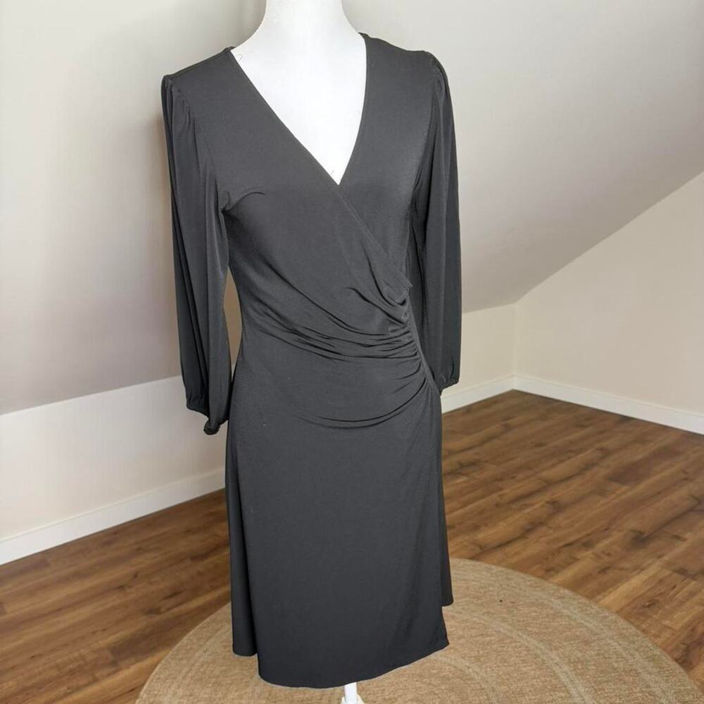 Laundromat by Design Y2K Black Ruched‎ Wrap Dress Puff Sleeve Size 6